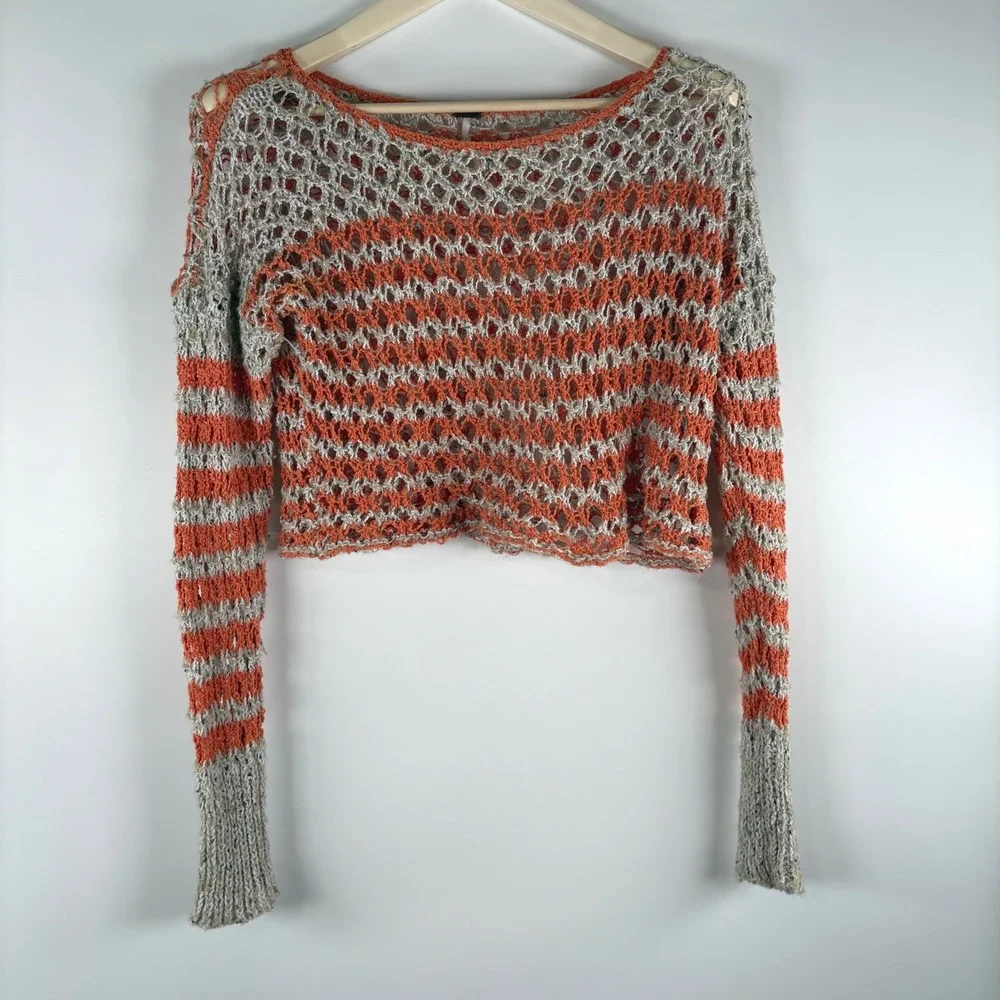 Free People Cropped Sweater Womens M Crochet Open Knit Orange Gray Striped Boho